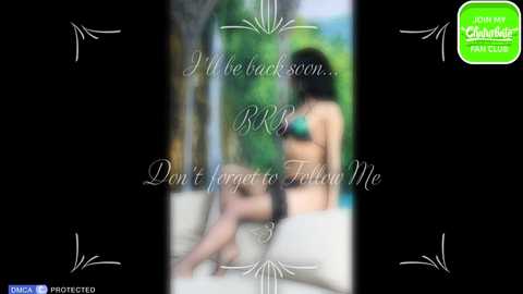 Media: A blurred video of a naked woman sitting on a couch, with text overlay: \"I'm back soon... Don't forget to follow me.\" The background shows a green and blue garden.