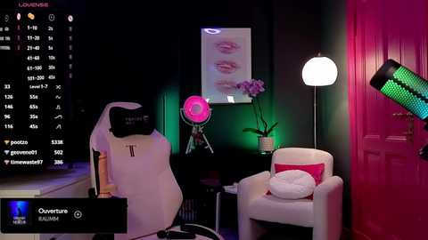 Media: Video of a modern, pink-themed home office with a white gaming chair, desk, and white armchair. A green screen and pink lamp add color, along with a large pink door.