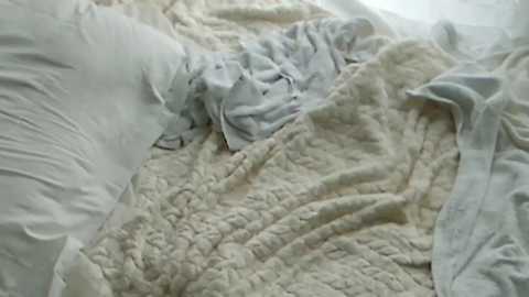 Media: Video of a cozy bedroom scene with a beige quilted blanket, white pillow, and a grey blanket draped over the bed. The soft lighting creates a warm, inviting atmosphere.