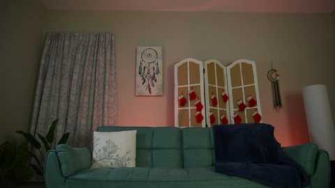 Media: A video of a cozy living room with a green couch, white dreamcatcher, and a decorative screen with red ornaments, set against beige walls and a white floor lamp.