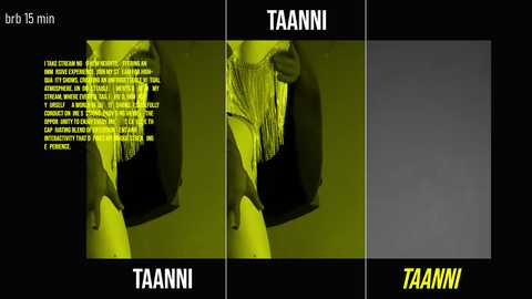 Media: Video of a woman wearing a fringe jacket, standing against a neon yellow-green background, with text \"TAANNI\" and \"TAAANNI\" displayed prominently.