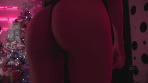 Media: Video of a person's bare buttocks, wearing black lingerie, in a dimly lit room with pink and red lighting, decorated with holiday ornaments and a polka-dotted wall.