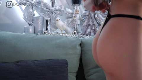 Media: A video shows a woman with a slim figure in black lingerie, standing beside a teal couch. She has light skin and is facing away. In the background, a white dove perches on a silver ornament.