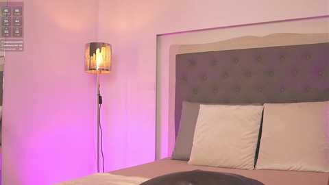 Media: Video of a minimalist bedroom with a tufted gray headboard, beige pillows, and a modern lamp emitting purple light on the left wall.