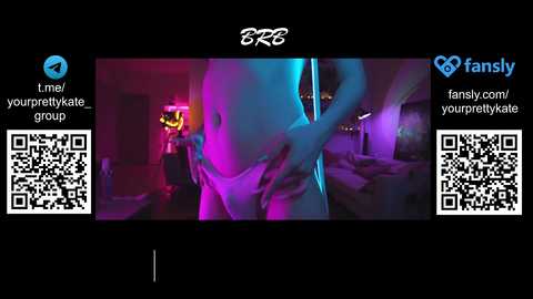 A video of a topless man in a dimly lit room, holding a light switch, with colorful neon lights and QR codes for \"fansly\" and \"yourprettykate\" in the background.