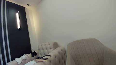 Media: Video of a modern, minimalist hotel room with beige tufted sofa, white walls, dark vertical striped wall, and a wall-mounted light fixture.