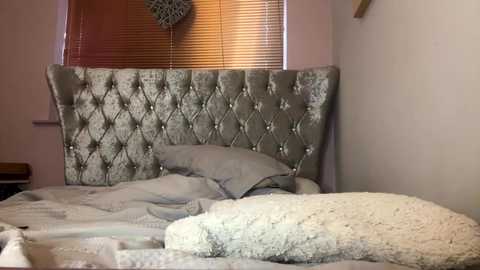 Media: Video of a cozy bedroom with a tufted, gray upholstered headboard, a plush white pillow, and a textured white blanket on a neatly made bed. A decorative star hangs on a window with closed blinds.