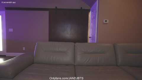 Media: Video of a modern living room featuring a grey leather sectional sofa with a sliding barn door backdrop and warm-toned walls.