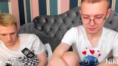 Media: Video of two young men with short hair, one wearing a checkered shirt, the other in a white shirt with hearts, sitting on a tufted grey couch.