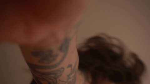 Media: A close-up video of a person's neck and shoulder, featuring intricate black and gray tattoo designs. The background is blurred, focusing attention on the detailed artwork.