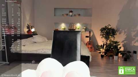 Media: Video of a cozy bedroom with a black bed, white bedding, and a green potted plant. A white chair and white eggs are visible in the foreground.