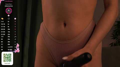 Media: Video of a topless woman wearing high-waisted, ribbed pink panties. She is holding a black remote, standing in front of a green curtain with a calendar overlay.