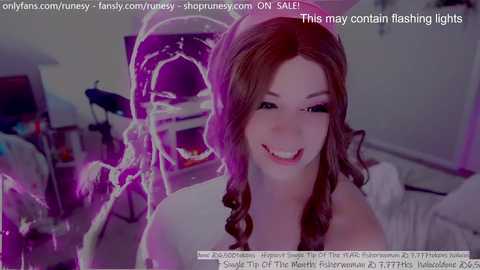 Media: Video of a young woman with long, wavy brown hair, smiling, in a dimly-lit room with a purple glow. Text overlays mention OnlyFans and Patreon links.