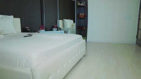 Media: Video of a modern, minimalist bedroom with a white bed, white pillows, and white bedding. Dark wood wall panels, a white nightstand with a lamp, and a small closet with red shoes. Light wooden floor.