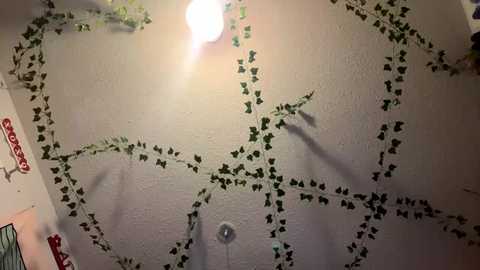 Media: Video of a ceiling adorned with green ivy and butterfly decals, creating a whimsical, nature-inspired theme. The ceiling is textured, with a central light fixture casting a soft glow.