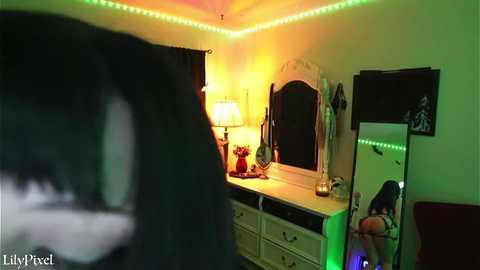 Media: Video of a dimly lit bedroom with green LED strip lights under the ceiling. The focus is on a vanity with a mirror, a lamp, and a red rose on a dresser, reflecting in a large mirror. The room has a cozy, intimate atmosphere.