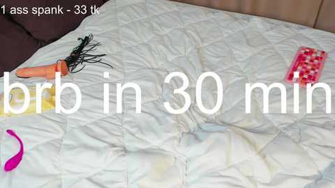 Media: Video of a white, quilted bedspread with a carrot, vibrator, and red and yellow dildo. Text overlay reads \"1 ass spark - 30 tk.\