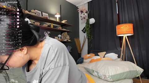 Media: Video of an Asian woman with long black hair in a gray shirt, sitting in a cozy bedroom with dark curtains, wooden shelves, and a lamp.