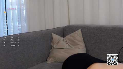 Media: A video of a modern living room featuring a gray sectional sofa with a beige pillow, white curtains, and a QR code in the bottom right corner.