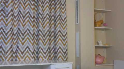 Media: Video of a modern, minimalist room featuring a white wall, a chevron-patterned curtain, a white shelf with a pink vase, and a wicker basket.