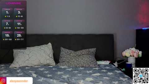 Media: A video of a modern bedroom with a gray headboard, a bed covered in a star-patterned duvet, and two pillows. A digital clock displays 1:03 AM on the wall, with a QR code and social media logo in the bottom left corner.