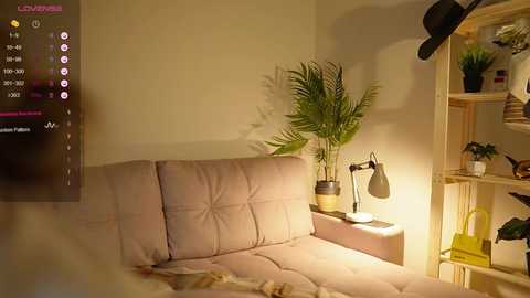 Video of a cozy, minimalist bedroom with beige walls, a tufted sofa, a fern in a pot, a yellow bag on a shelf, and a laptop screen displaying a music app.