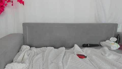 Media: Video of a disheveled, grey upholstered bed with white, wrinkled bedding and scattered objects, including a red phone, a black remote control, and a tissue box. The background features white curtains and pink flowers.