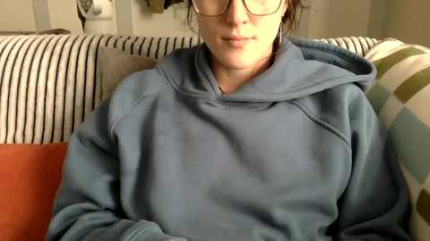 Media: Video of a person with glasses and short hair wearing a blue hoodie, sitting on a striped couch with a green and white checkered pillow.