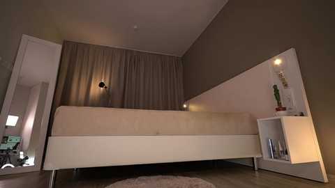 Media: Video of a modern bedroom with a minimalist, white bed against taupe walls, beige curtains, a wall-mounted light fixture, and a small white shelf with a potted cactus.