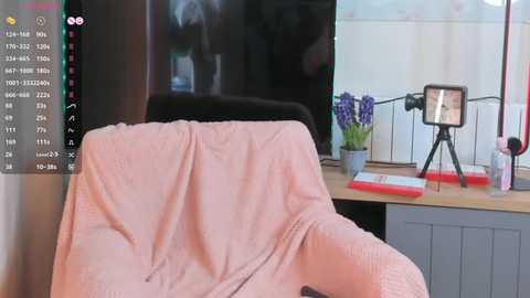 Media: Video of a modern office desk with a pink blanket draped over a chair, a monitor, a tripod-mounted phone, and a vase of purple flowers on a whiteboard background.