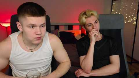 Media: Video of two young men, one with short dark hair, wearing a white tank top, looking serious; another with blonde hair, wearing a black shirt, deep in thought, seated on a grey chair in a dimly-lit room with a red lamp and string lights.