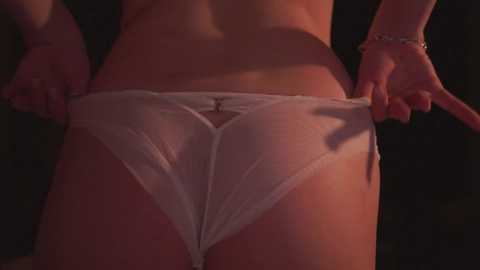 Media: A dimly lit video of a woman pulling down sheer, white panties, revealing her bare, tanned buttocks.