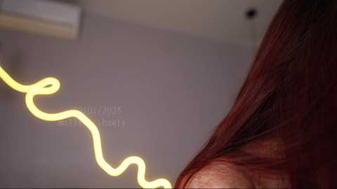 Media: Video of a person with long, straight red hair, viewed from the side. A bright yellow neon light curves in the background, adding a contemporary, artistic flair to the minimalist room with light grey walls.