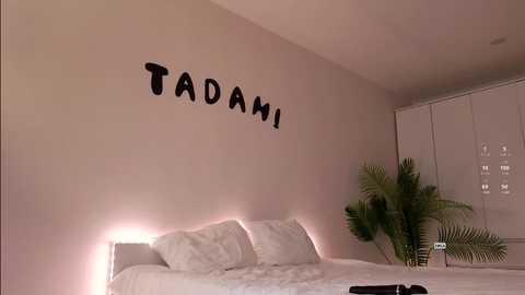 Media: Video of a minimalist bedroom with a white bed, white pillows, and a black \"TADAMI\" sign on the wall. A potted plant with green leaves sits on the nightstand.