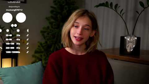 Media: Video of a young woman with straight, shoulder-length blonde hair, wearing a maroon sweater, smiling. Background includes a potted plant, a lamp, and a white wall.