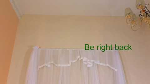 Media: Video of a beige wall with a white ruffled valance and sheer curtain, featuring a decorative chandelier with glass shades. Text in green reads, \"Be right back.\