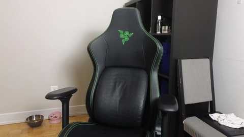 Media: Video of a black gaming chair with green accents and a leaf design, in a minimalist room with a white wall, wooden floor, black shelving unit, and a white cushioned bench.