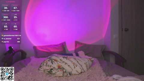 Media: Video of a bedroom with a large, soft pillow on a bed, a plush rug, and a pink glow from the wall.