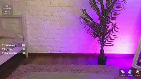 Video of a modern bedroom with a white brick wall, purple ambient lighting, a tall potted plant, and a fluffy rug. A bed with white sheets and a nightstand with a lamp are visible on the left.