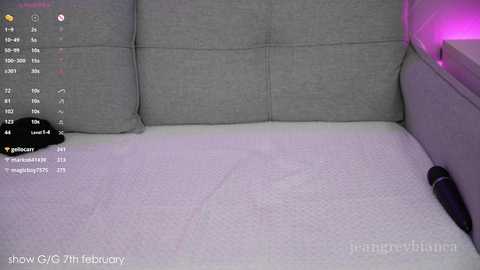 Media: A video shows a gray couch with a white sheet, a black object, and a purple light in the corner. The image includes a Twitch.tv overlay with statistics and user information.