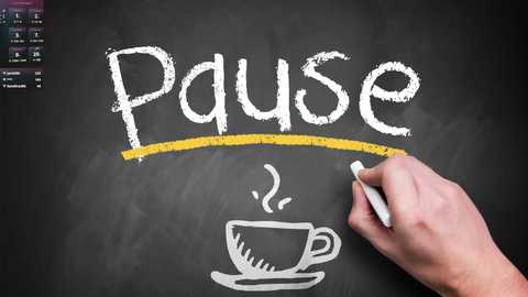 Media: A video of a chalkboard featuring the word \"Pause\" with a yellow line and a white coffee cup illustration. A hand holds a white chalk in the lower right corner.