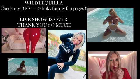 Media: A collage of five videos featuring a blonde woman in various outfits, including a red latex bodysuit, a black bikini, and a red swimsuit, with a text overlay thanking fans.