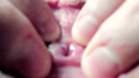 Media: A close-up video of a person's hand spreading their vulva, revealing the inner labia and vaginal opening. The skin is light-toned with slight pinkish tones. The image has a soft focus and is intimate in nature.