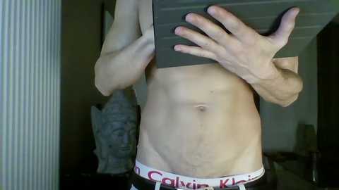 Media: Video of a shirtless man with fair skin, holding a phone, showing his toned abdomen and red Calvin Klein underwear. Background includes a white radiator and a Buddha statue.