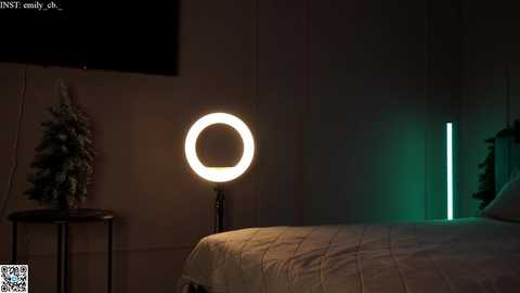 Media: Video of a dimly lit bedroom with a round bright LED light, a small Christmas tree, and a bed with a green light on the wall.