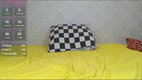 Media: A video shows a yellow bed with a black-and-white checkered pillow and a colorful patterned pillow on the right. A digital screen on the left displays game statistics.