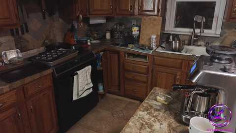 Media: A video of a cozy, rustic kitchen with wooden cabinets, stone countertops, a black oven, stainless steel sink, and a coffee maker on the granite-topped island.