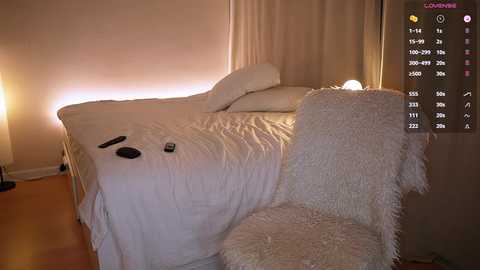 Media: Video of a minimalist bedroom with white bed, fluffy chair, remote on bed, dim light, and TV screen displaying a list of channels.
