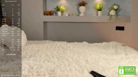 Media: Video of a modern bedroom with a plush white shag rug, a grey wall, and a shelf holding potted plants. A bed with a grey duvet is partially visible on the left.