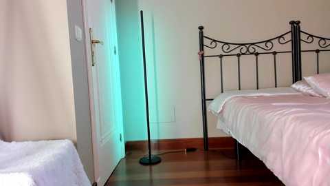 Media: Video of a minimalist bedroom with a white bed, black wrought-iron headboard, and a tall, black floor lamp emitting a soft blue light.